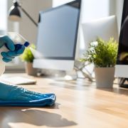 Una dipendente trascina un carrello per la pulizia degli uffici. Una donna addetta alle pulizie è impegnata nel lavoro. Centro commerciale.